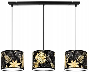 Závesné svietidlo Gold Flowers, 3x čierne textilné tienidlo s kvetinovým vzorom
