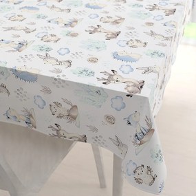 Biante Detský bavlnený obdĺžnikový obrus Sandra SA-478 Lesné zvieratká v čučoriedkach na bielom 100x140 cm
