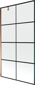 Mexen Next, vaňová zástena 1-krídlová 100 x 150 cm, fixné krídlo, 6 mm číre sklo s čiernym vzorom, ružové zlato profil, 895-100-000-00-77-60