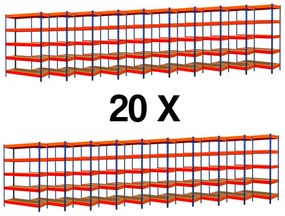 Fistar !!! Akčný balíček : 20x Regál 2160x1400x700 mm PROFESIONÁLNY lakovaný 5-policový, nosnosť 2000 kg - MODRO-ORANŽOVÝ