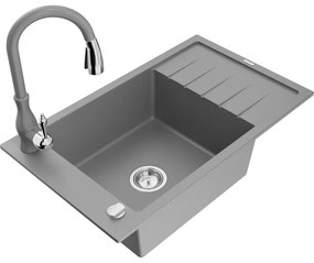 Mexen Elias, 1-komorový granitový drez 795x480x200 mm a drezová batéria Savita, šedá, 6511-71-672601-71