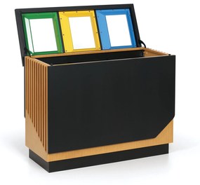 Kôš na triedený odpad, 3x89 l, čierny/imitácia dreva