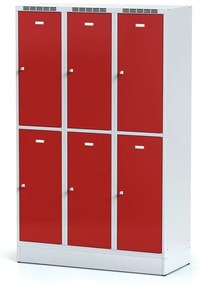 Alfa 3 Šatníková skrinka na sokli s úložnými boxami, 6 boxov, 1920 x 1200 x 500 mm, otočný zámok, červené dvere