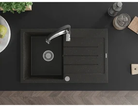 Mexen Bruno, 1-komorový granitový drez 795x495x200 mm a drezová batéria Aster, čierna-zlatá metalíza, 6513-75-73450-07