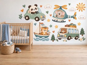 Panda a kamaráti na cestách detské textilné nálepky na stenu do izby pre chlapcov hárok 46 x 34 cm
