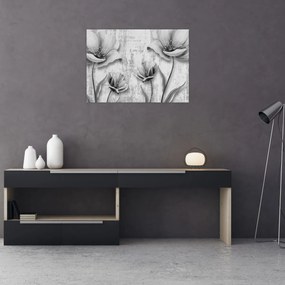 Sklenený obraz - Čiernobiele kvety na pozadí (70x50 cm)