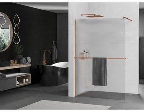 Mexen Kioto, sprchová zástena s poličkou a vešiakom na uteráky 100 x 200 cm, 8mm sklo s rebrovým vzorom, profil ružové zlato, 800-100-121-60-09