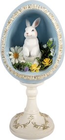 Bielo-modré vajíčko na podstavci s králikom a kvetmi - 13*12*28 cm