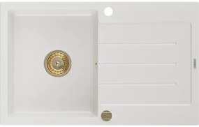 Mexen Bruno, granitový drez 795x495x200 mm, 1-komorový, biela so zlatým sifónom, 6513791010-20-G