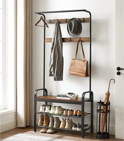 Stojanový vešiak s 9 háčikmi a lavicou na topánky, rustikálny hnedý