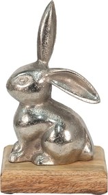 Dekorácia strieborný kovový králik na drevenom podstavci - 11*10*20 cm