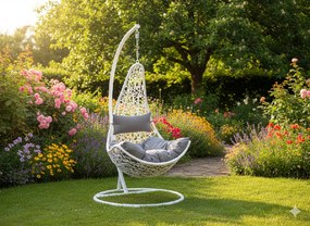 Garden Line BIELA ZÁVESNÁ STOLIČKA, VANKÚŠ – TMAVOSIVÁ, RÁM – BIELY, POLOVICA