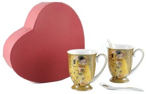 HOME ELEMENTS Sada dvoch porcelánových hrnčekov 280 ml s lyžičkami, Klimt Bozk zlatý