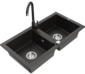 Mexen Mario, 2-komorový granitový drez 82x44 cm s kuchynskou batériou Telma, čierna-zlatá, 6504-75-670200-70