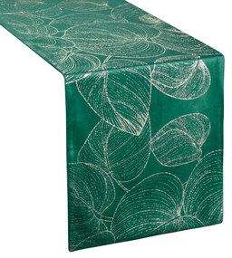 Zamatový stredový obrus s lesklou potlačou listov zelenej farby