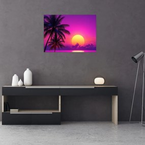 Sklenený obraz - Fialový západ s palmou (70x50 cm)