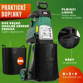 Záhradný štiepkovač/drvič DIOX+2x 60l vrece, 3100W čierna/zelená Gardebruk