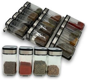 usporadejto.cz Súprava 16ks koreničiek INOX 100ml + 4ks nerezový organizér na koreničky VASKY - NEREZ (nízky) + súprava 24ks štítkov