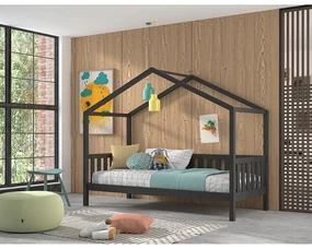 Antracitová domčeková detská posteľ z borovicového dreva 90x200 cm DALLAS – Vipack