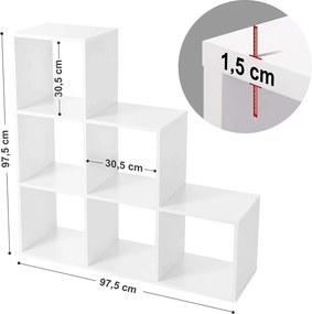 Knižnica, stupňovitá polica so 6 priehradkami, biela