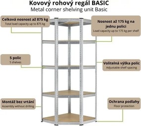 Kovový rohový regál 180x70x40-70 cm, 5 políc, nosnosť 875 kg