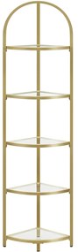 Sklenená rohová polica, 5-úrovňový regál, zlatá farba