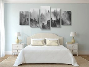 5-dielny obraz hory v hmle v čiernobielom prevedení - 100x50