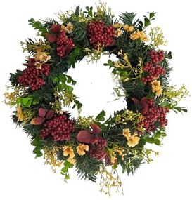Umelý čečinový veniec s bobuľkami a drobnými kvietkami, pr. 30 cm