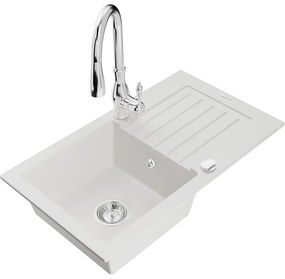 Mexen Pablo, 1-komorový granitový drez 752x436x161 mm a drezová batéria Savita, biela, 6510-20-672601-00