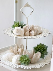 Krémový antik dekoračný kovový etažér Lace - Ø 21*25 cm