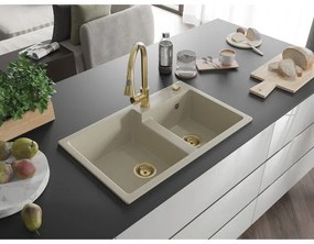 Mexen Tomas, 2-komorový granitový drez 800x500x190 mm a drezová batéria Elia, béžová, 6516-69-670101-50
