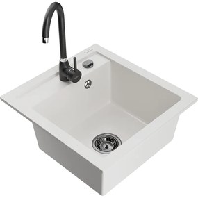 Mexen Vito, 1-komorový granitový drez 520x490x210 mm, čierna batéria Telma, biela, 6503-20-670200-70