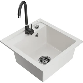 Mexen Vito, 1-komorový granitový drez 520x490x210 mm, čierna batéria Telma, biela, 6503-20-670200-70