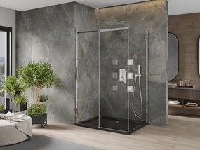 Mexen Omega, sprchový kút s posuvnými dverami 120 (dvere) x 80 (stena) cm, 8mm číre sklo, chrómový profil + slim sprchová vanička čierna + chrómový sifón, 825-120-080-01-00-4070