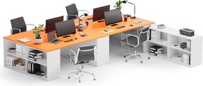 Kancelárska zostava stolov BLOCK B05, 4 miesta s úložným priestorom, 360 × 320 cm, biela/oranžová