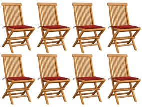 Záhradné stoličky s červenými podložkami 8 ks tíkový masív 3072923