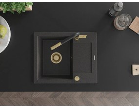 Mexen Enzo, 1-komorový granitový drez 576x465x174 mm a drezová batéria Flora, čierna škvrnitá, 6506-76-670401-57-G