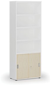 Kombinovaná kancelárska skriňa PRIMO WHITE, zasúvacie dvere na 2 poschodia, 2128 x 800 x 420 mm, biela/breza