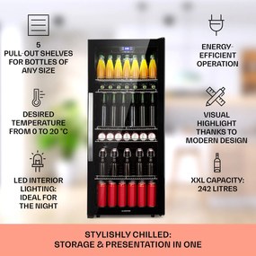 Klarstein Beersafe 7XL, chladnička, 242 l, 5 políc, panoramatické sklenené dvere, nehrdzavejúca oceľ