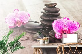 Samolepiaca tapeta masážne kamene s orchideou na dreve