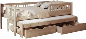 Detská posteľ z masívu borovice ORION s prístelkou a šuplíky - 200x90 cm - prírodná