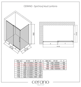 CERANO - Sprchovací kút Lantono L/P - 8 mm - čierna matná, grafitové sklo - 110x90 cm - posuvný, CER-CER-8050BD7517