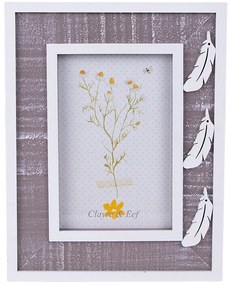 Šedý drevený fotorámik s bielou patinou a pierkami Woodia - 17*1*22 cm / 10*15 cm