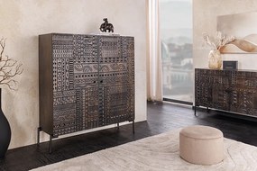 Vysoká komoda TRIBAL 120cm 3D antický vzhľad mangové drevo tmavohnedá