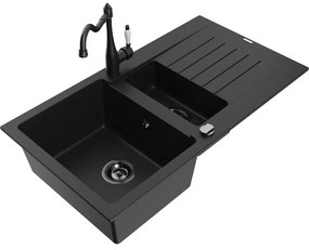 Mexen Matias, granitový drez 900x505x200 mm, 1,5-komorový a drezová batéria Carla, čierna, 6502-77-670700-70-B