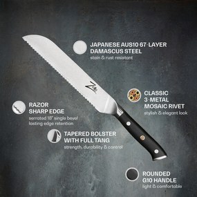 Alpha-Royal Japanese Series, 8" nôž na chlieb, 18° zúbkovaný okraj, damašková oceľ