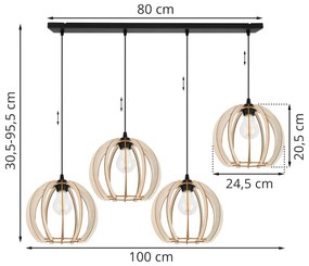 Závesné svietidlo Timber 9, 4x drevené tienidlo