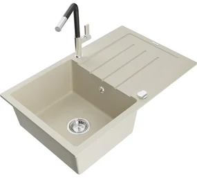 Mexen Bruno, 1-komorový granitový drez 795x495x200 mm a drezová batéria Flora, béžová, 6513-69-670401-07