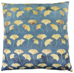 Modrý zamatový vankúš so zlatými listami ginko - 45*45*10cm