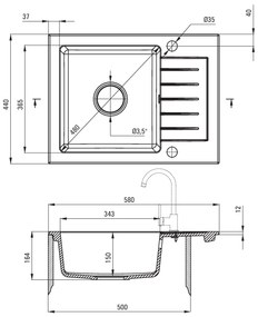 Deante Zorba, granitový drez 580x440x164 mm Z/KO, 3,5" + priestorovo úsporný sifón, 1-komorový, čierna, ZQZ_N11A